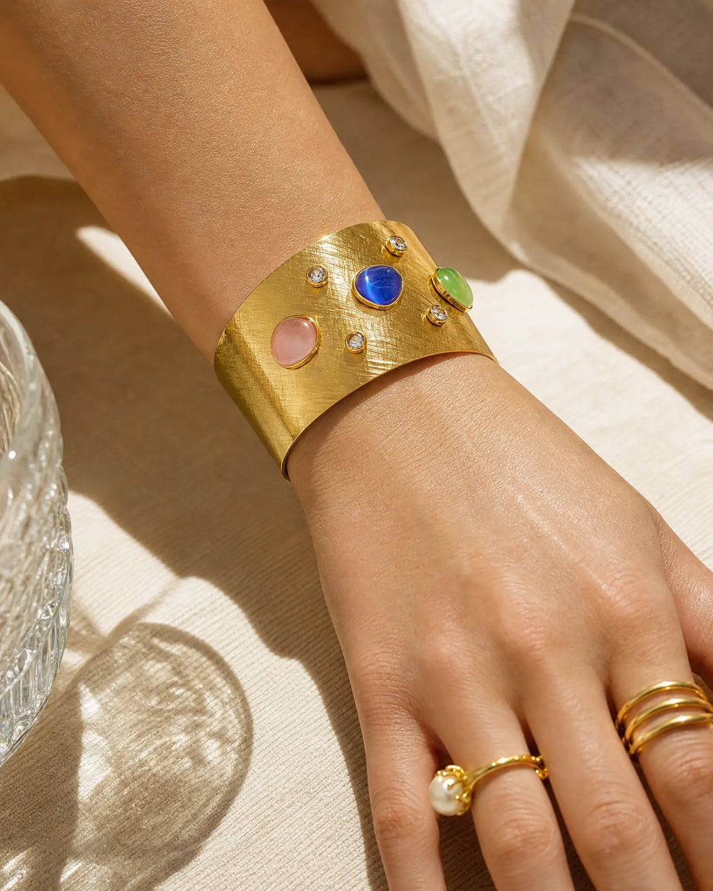 Colorful Cat's Eye Zircon Gold Brushed Bracelet