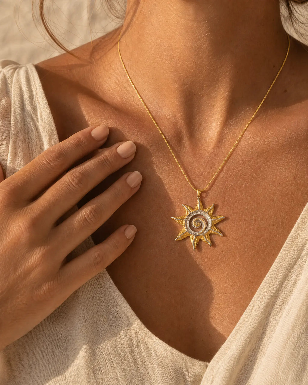 Two-Tone Sun Spiral Pendant Necklace
