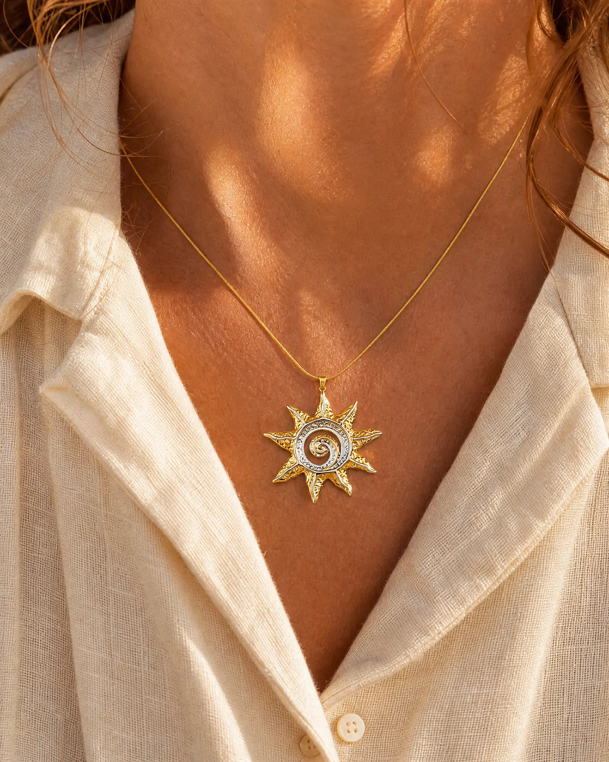 Two-Tone Sun Spiral Pendant Necklace