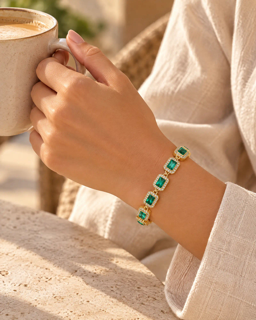 Verdant Cadence Tennis Bracelet worn holding coffee cup