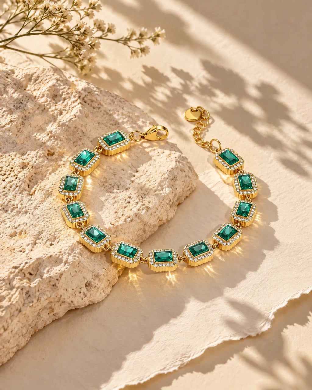Verdant Cadence Tennis Bracelet styled on limestone surface
