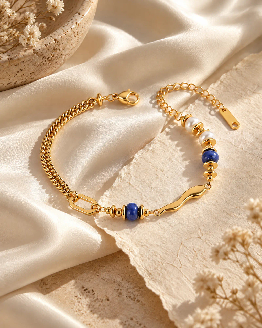 Fluid Wave Asymmetric Bracelet draped gracefully on champagne silk fabric