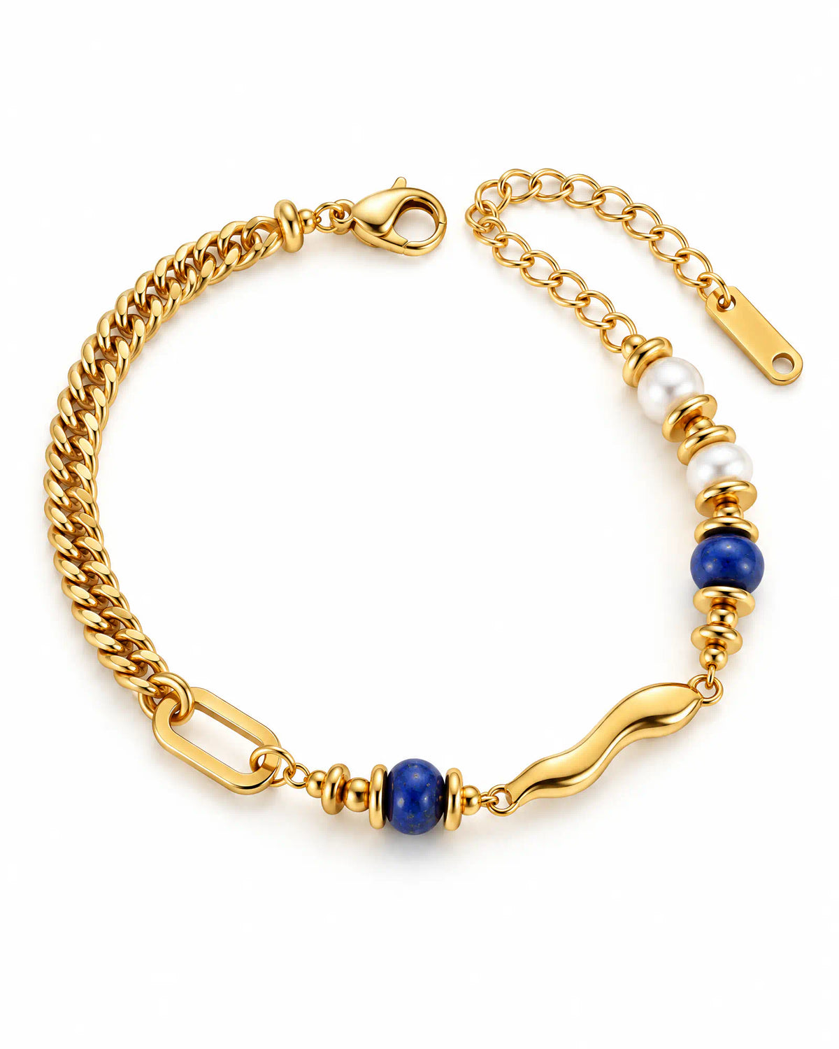 Fluid Wave Asymmetric Bracelet on white background showing wave bar, curb chain, lapis, and pearl