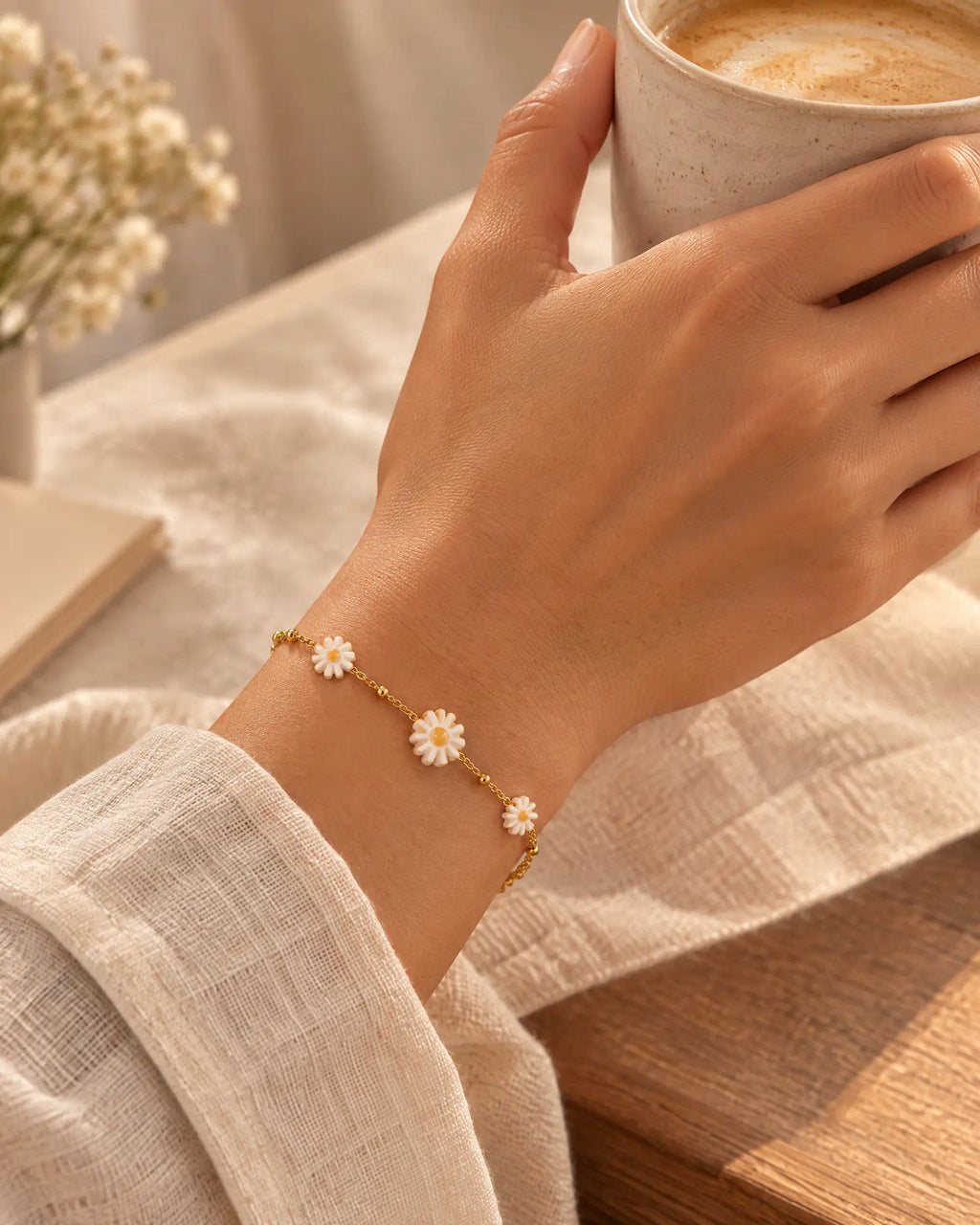Morning coffee lifestyle setting with Sunlit Daisy Station Bracelet