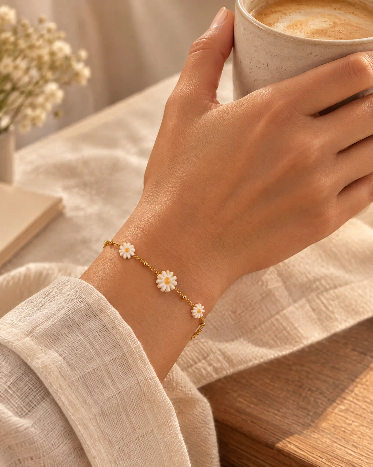 Morning coffee lifestyle setting with Sunlit Daisy Station Bracelet