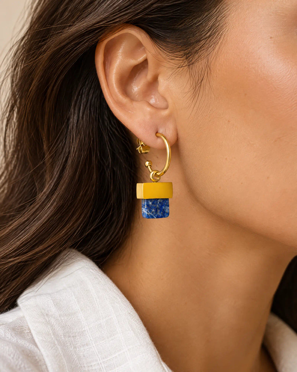 Stepped Horizon Hoop Earrings worn on ear profile