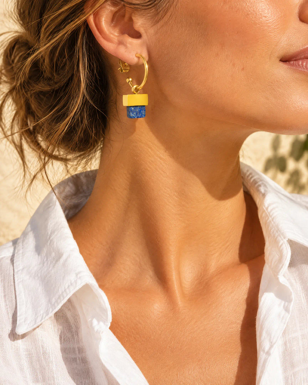 Stepped Horizon Hoop Earrings styled with white button-down shirt