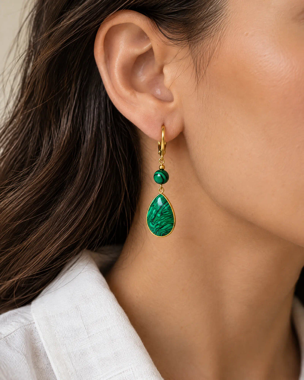 Verdant Teardrop Leverback Earrings worn on ear profile