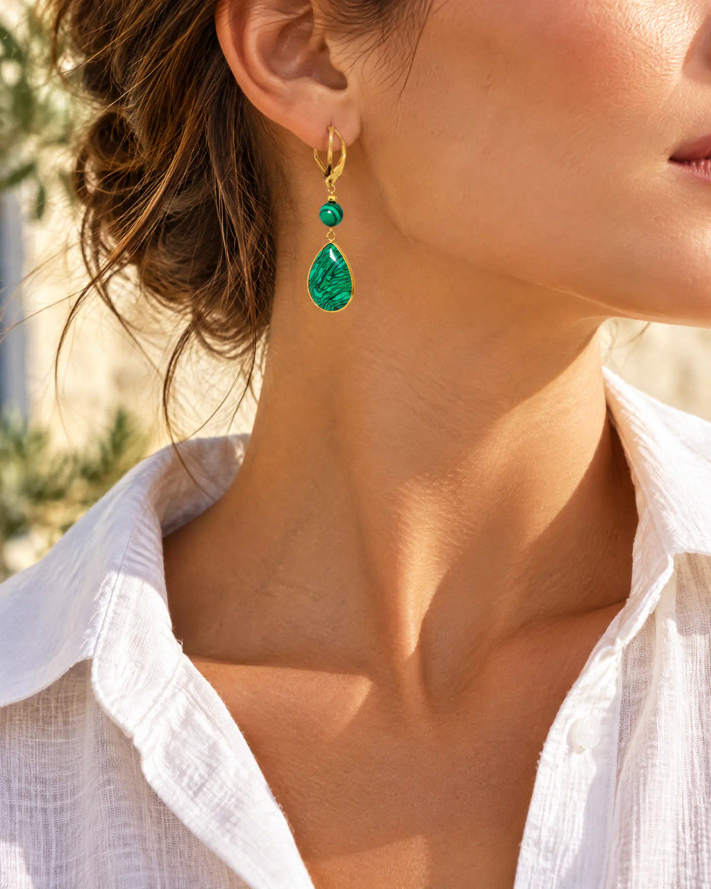 Verdant Teardrop Leverback Earrings styled with white linen shirt