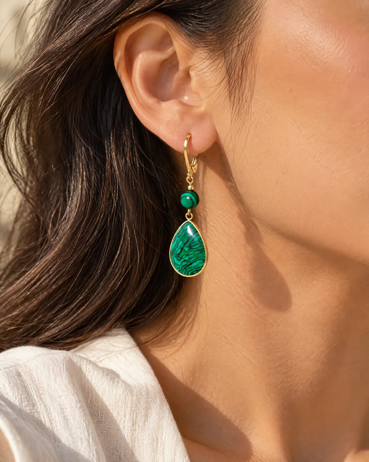 Verdant Teardrop Leverback Earrings three-quarter ear worn view