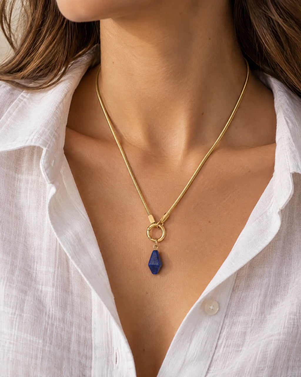 Midnight Faceted Prism Pendant worn with everyday linen shirt