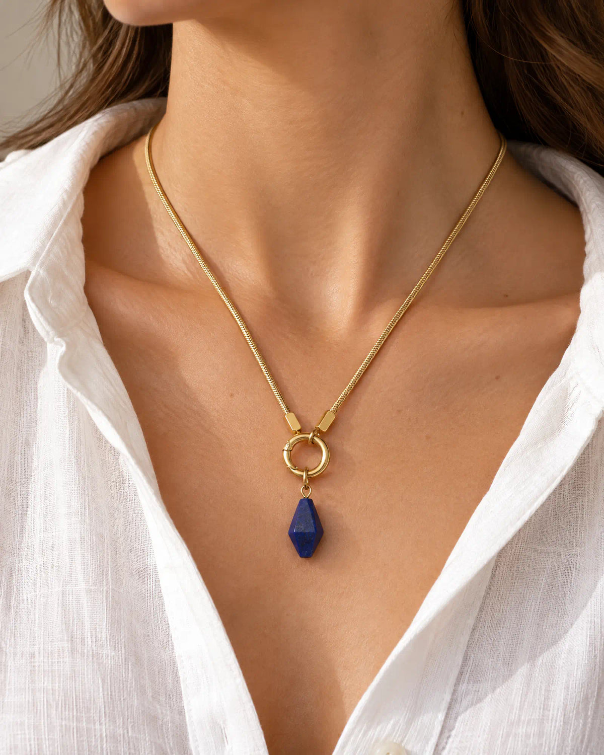 Midnight Faceted Prism Pendant worn on neck