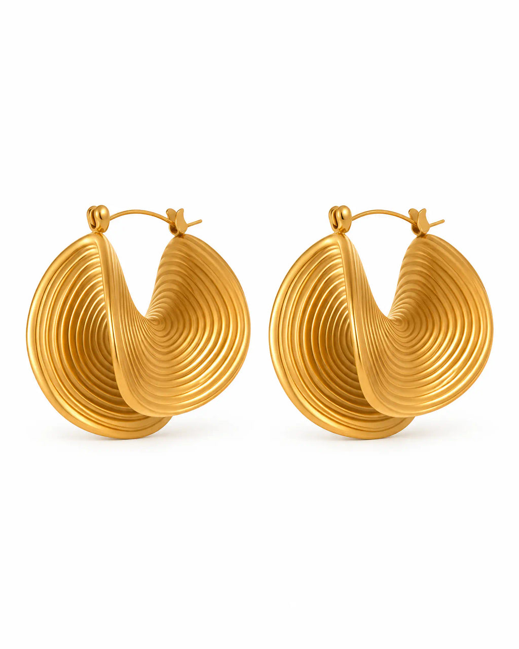 Spiral Twist Statement Earrings on white background showing sculptural concentric curves