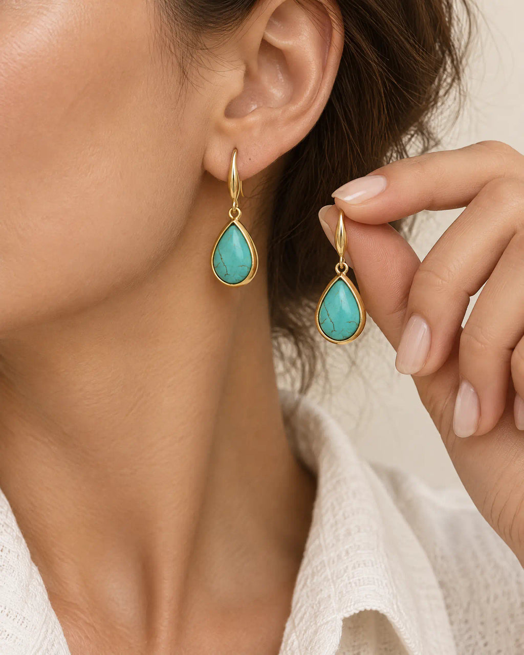 Coastal Teardrop Drop Earrings held in hand showing scale