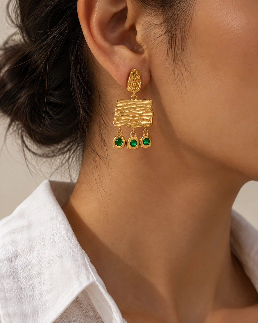 Hammered Plaque Fringe Drops side profile on ear
