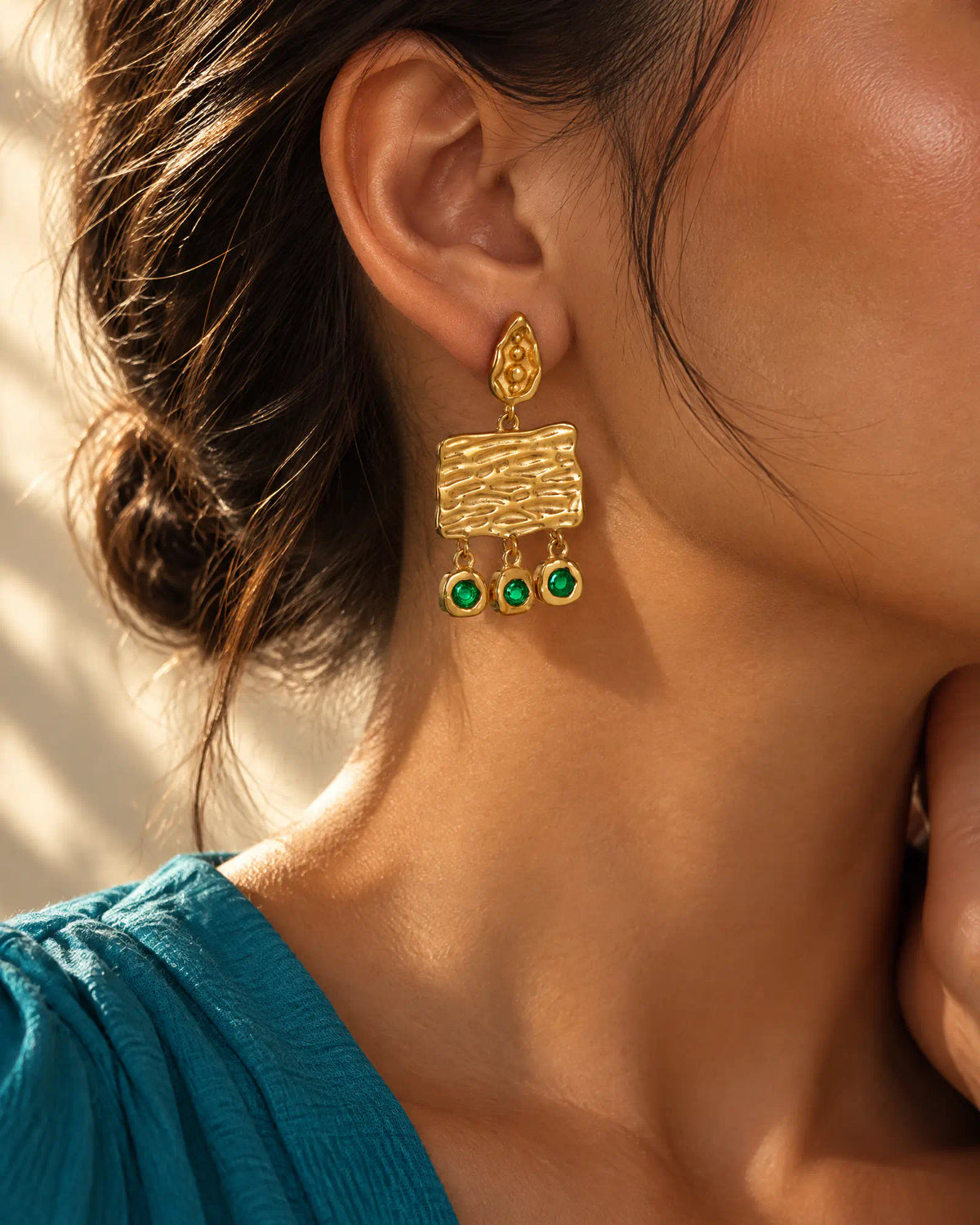 Hammered Plaque Fringe Drops three quarter ear view