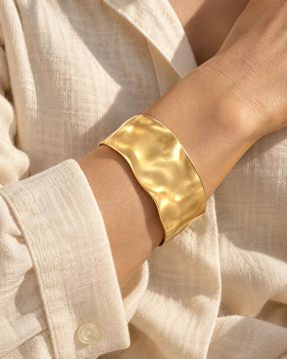 Shoreline Wave Open Cuff styled with neutral sleeve