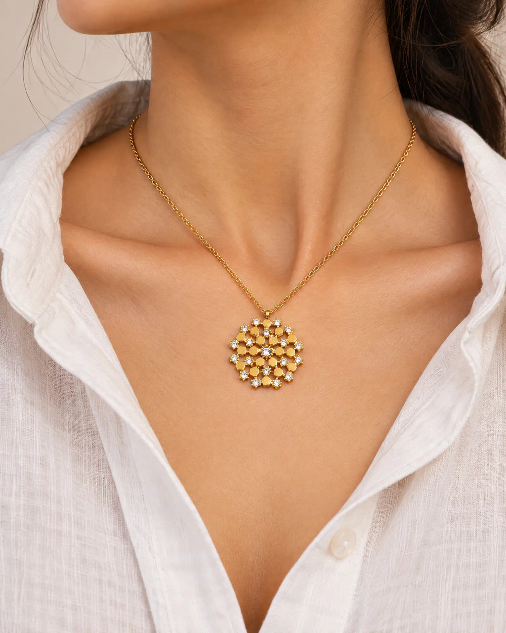 Wearlumi Honeycomb Mosaic Medallion Pendant Necklace worn close-up on neck