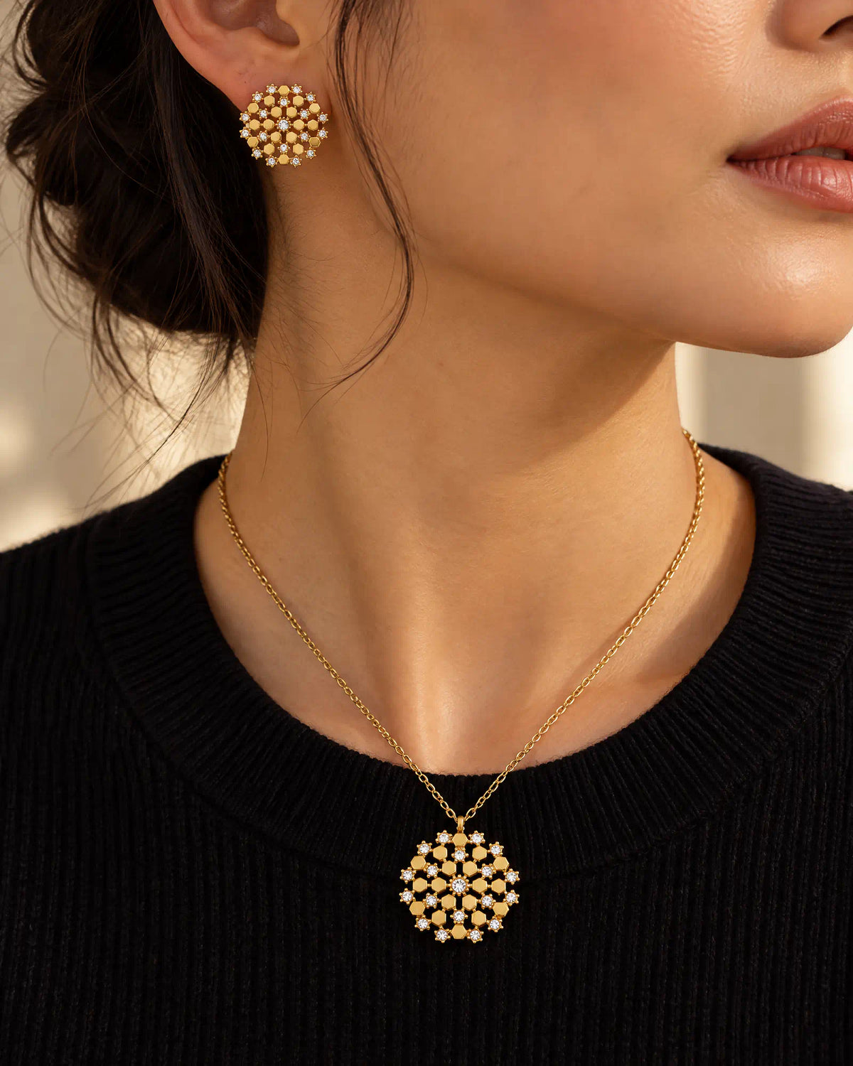 Wearlumi Honeycomb Mosaic Medallion Pendant Necklace paired with matching honeycomb stud earrings