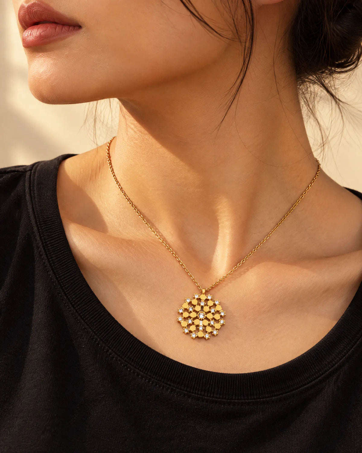 Wearlumi Honeycomb Mosaic Medallion Pendant Necklace worn three-quarter view