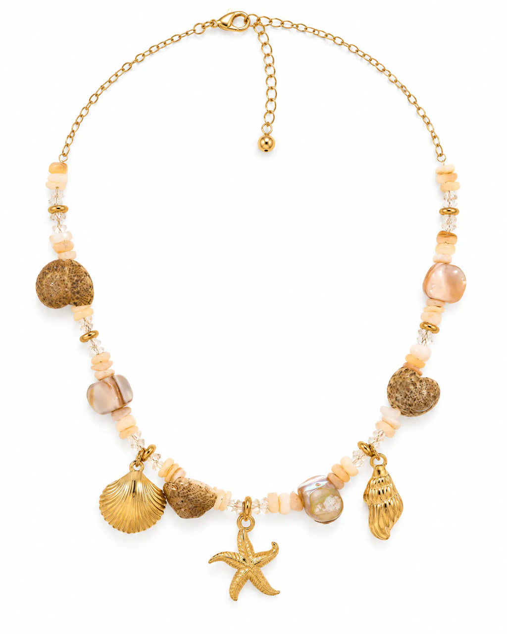 Shoreline Starfish Charm Necklace displayed on white background showing shell and starfish pendants