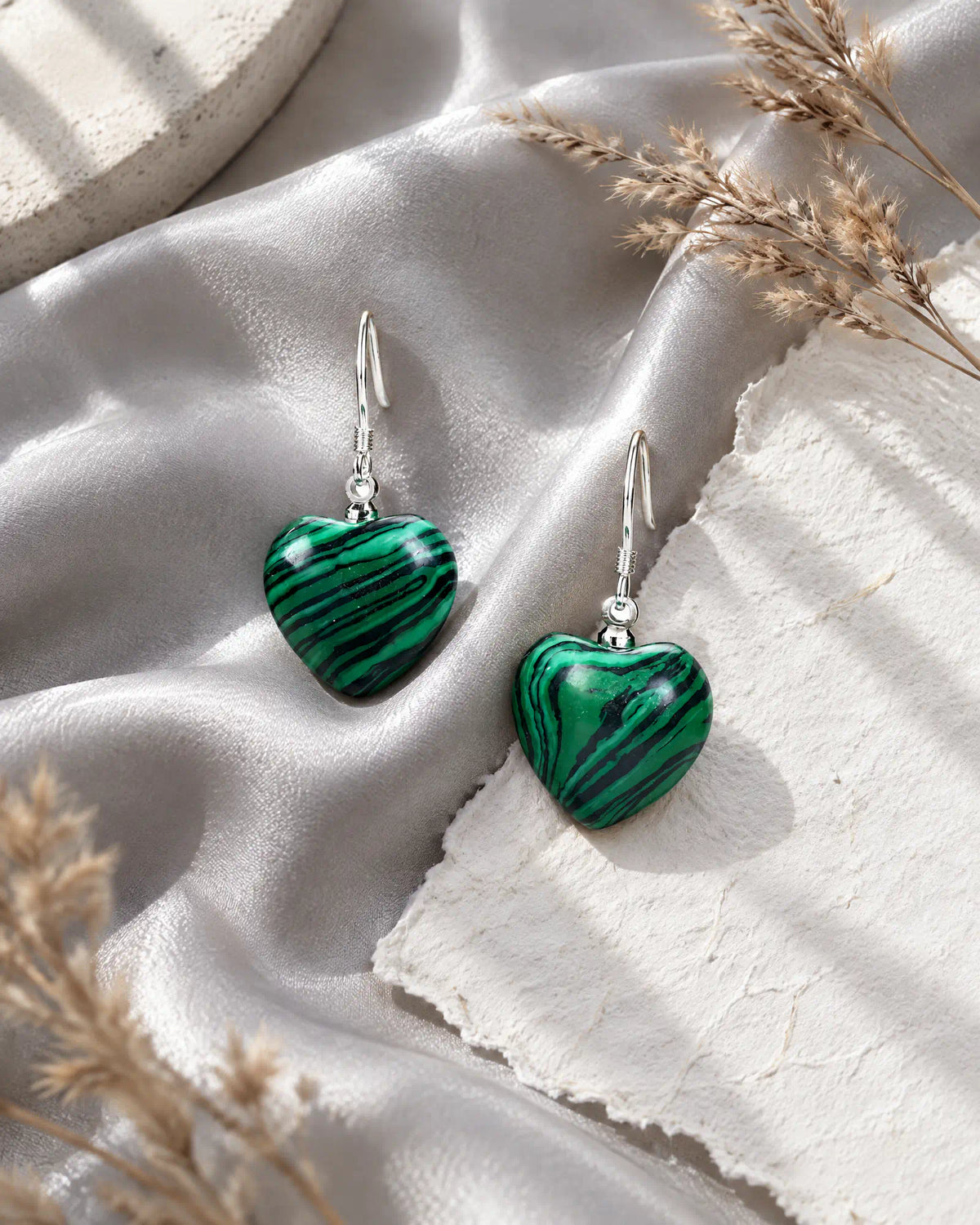 Verdant Heart Wire Drops on draped silk