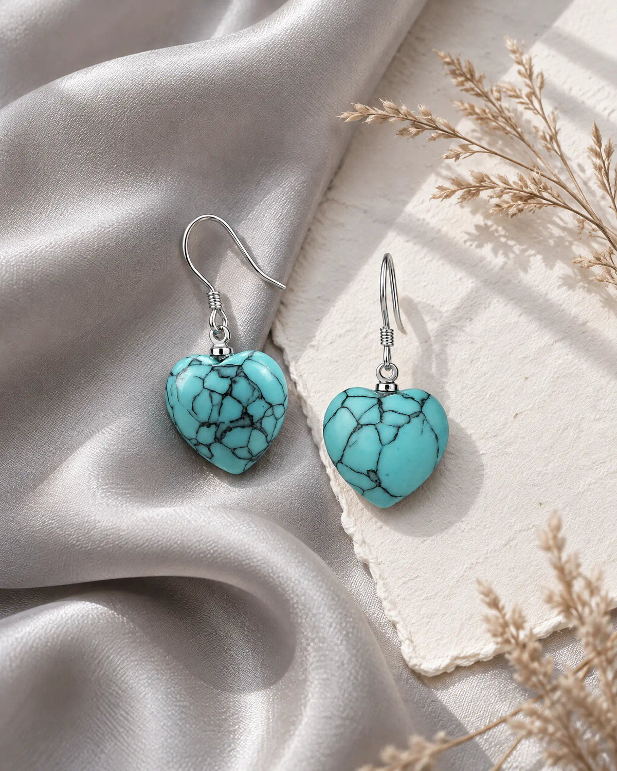 Cerulean Heart Wire Drops on draped silk