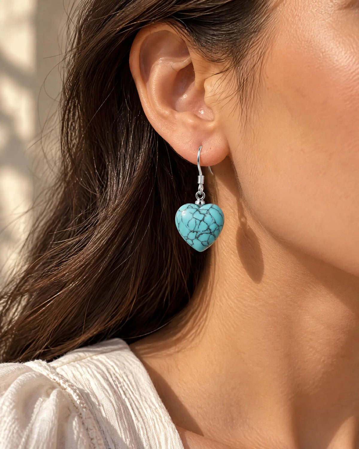Cerulean Heart Wire Drops three-quarter profile on ear