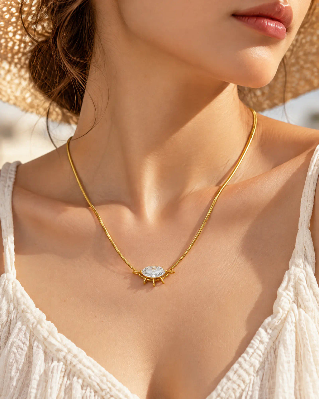 Wearlumi Sunburst Oval Ray Pendant Necklace worn three-quarter view